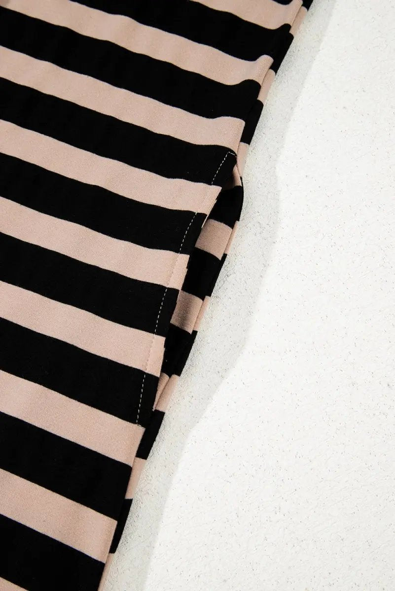 Black Stripe Casual Round Neck T-shirt Maxi Dress with Pockets - Love Salve